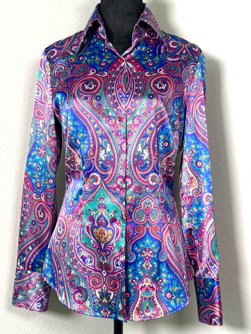 NWT Hawes & Curtis Satin Paisley Slim Button-Up Blouse Turquoise Purple UK12 US8
